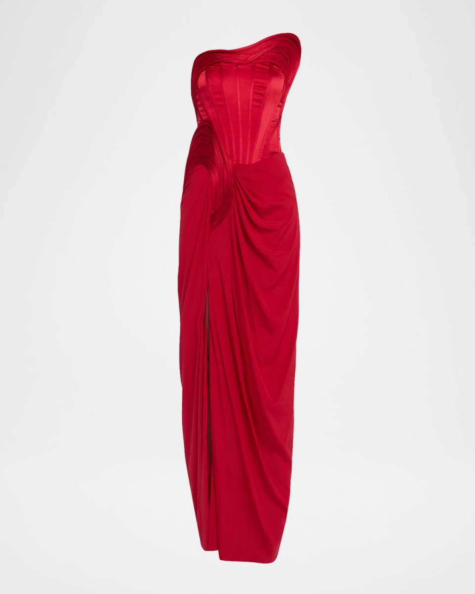 Sculptural Strapless Draped Satin Corset Gown